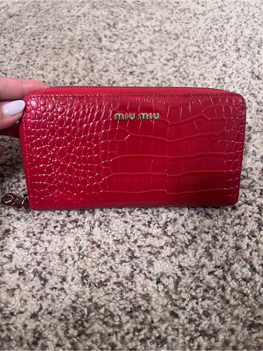 Miu Miu Red Croc-Embossed Leather Zip Wallet